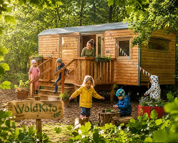 WaldKita Bauwagen mit Kindern und Erzieherin in natürlicher Umgebung